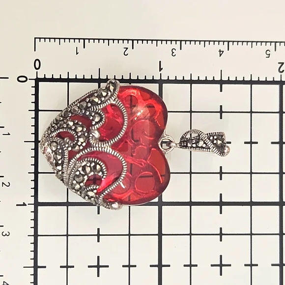 Ross Simons Vintage Sterling Silver 80s Marcasite & Red Glass Heart Pendant ONLY - Picture 6 of 8